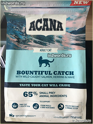 Acana Bountiful catch cat - 65% рыбы. Отзыв обзор нового сухого корма для кошек. Состав, размер крокетов, фото упаковки 1.8 кг.